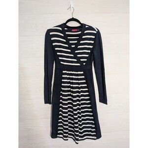 Ava Striped Knit Dress Small Navy White V-Neck Faux Wrap Long Sleeve Fit & Flare